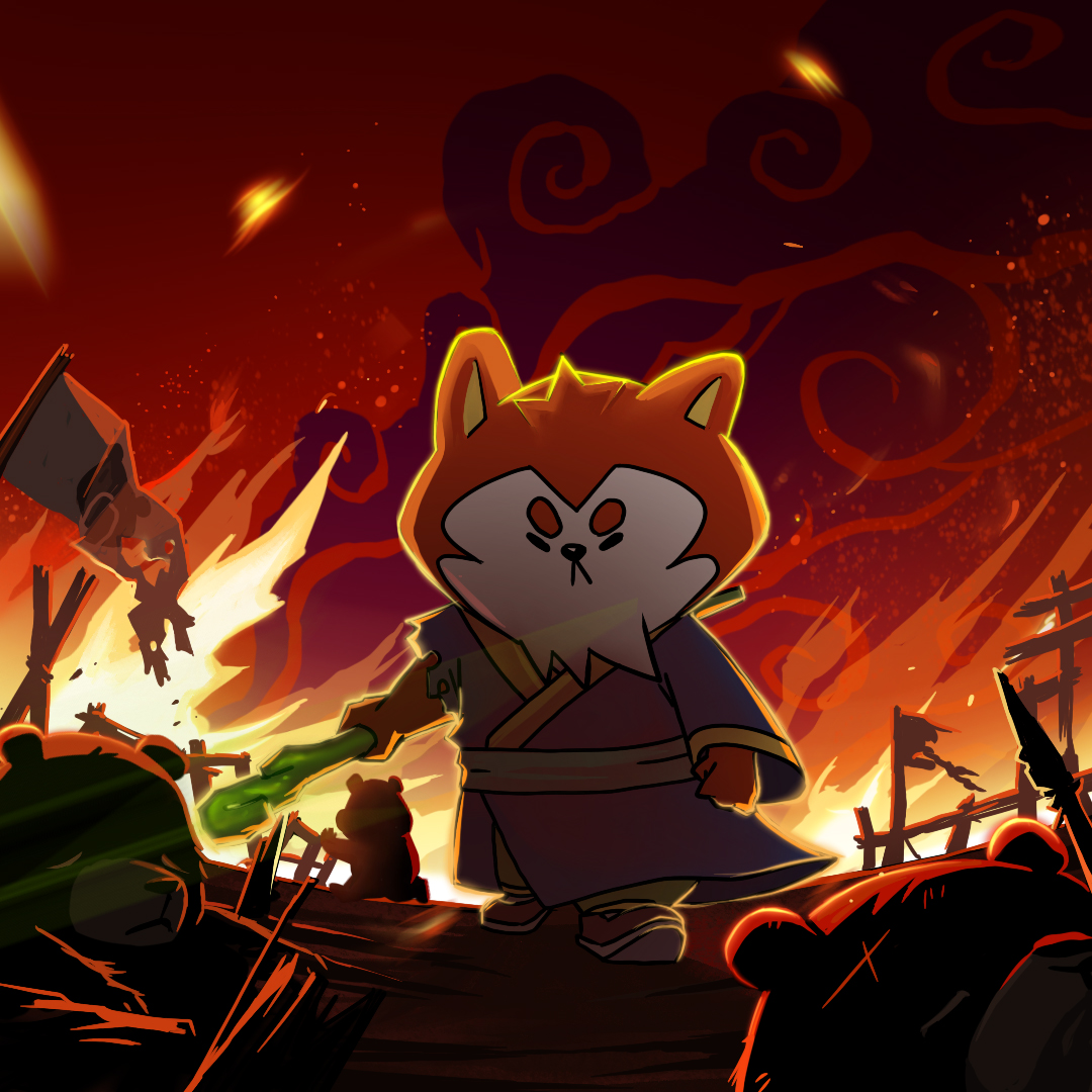 Zhao amidst fire with a staff